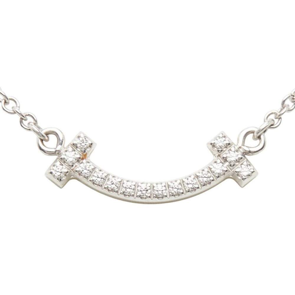 Tiffany Co Silver White Gold Stamped Diamond T Smile Pendant Necklace White Gold